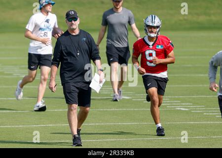 Carolina Panthers quarterback Bryce Young talks with head coach Frank Reich  during the NFL football team's rookie minicamp, Friday, May 12, 2023, in  Charlotte, N.C. (AP Photo/Chris Carlson Stock Photo - Alamy