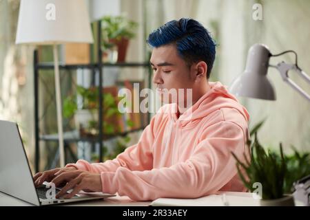 Serious young man coding on laptop at his desk at home Stock Photo
