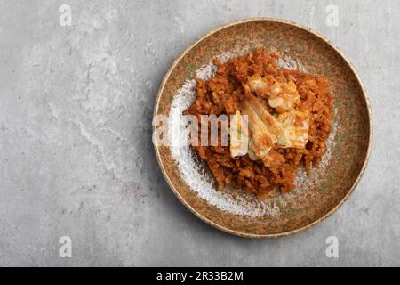 Kimchi Fried Rice with Pork and Cheese Stock Photo