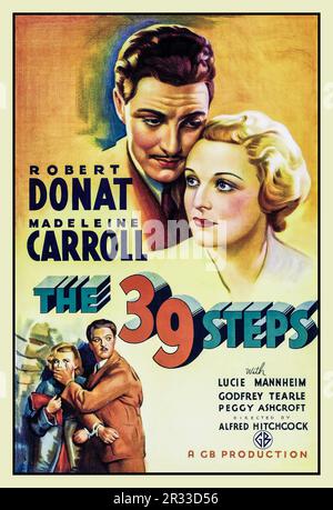 Vintage Movie Film Poster 'The 39 Steps' is 1935 British spy thriller film directed by Alfred Hitchcock, starring Robert Donat and Madeleine Carroll. It is loosely based on the 1915 novel The Thirty-Nine Steps by John Buchan.  Directed by Alfred Hitchcock Screenplay by Charles Bennett Ian Hay 1915 novel by John Buchan, Produced by Michael Balcon, Starring Robert Donat ,Madeleine Carroll,  Lucie Mannheim, Godfrey Tearle, Stock Photo