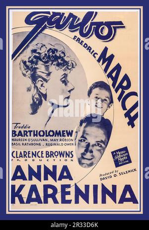 ANNA KARENINA Vintage Movie Film Poster for the 1935 film Anna Karenina. Film poster for 'Anna Karenina' a 1935 Metro-Goldwyn-Mayer film adaptation of the 1877 novel Anna Karenina by Leo Tolstoy and directed by Clarence Brown. The film stars Greta Garbo, Fredric March, Basil Rathbone, and Maureen O'Sullivan Stock Photo