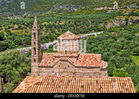 Ayios Spyridion Church (St Spyridon, 1715), view from Mourtzinos Tower, fortified complex of Troupakis Mourtzinos in Old Kardamili, Peloponnese Greece Stock Photo