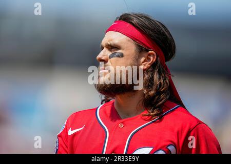Washington Nationals second baseman Michael Chavis (6) reacts on first base  during a baseball game against the Detroit Tigers at Nationals Park,  Sunday, May 21, 2023, in Washington.(AP Photo/Alex Brandon Stock Photo 