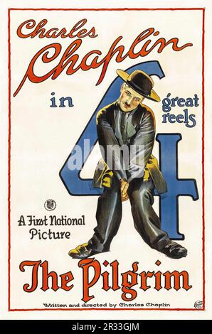 Vintage 1923 Silent Movie Film Poster for CHARLES CHAPLIN in The Pilgrim in 4 great reels. A first National Picture. Written and Directed by Charles Chaplin. The Pilgrim is a 1923 American silent film made by Charlie Chaplin for the First National Film Company, starring Chaplin and Edna Purviance. The film marks the last time Edna Purviance co-starred with Chaplin and the last film he made for First National. Stock Photo