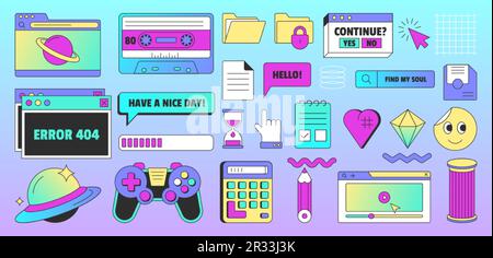 Vintage user interface elements in vaporwave. Old ui design of dialogue window, system computer message, video player, screens, loading bar, file folders. Smile, planet and icons in trendy retro style Stock Vector