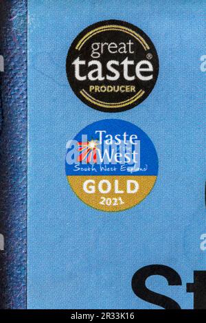 taste of the west south west england gold 2021 great taste producer, detail on box carton of St Ewe delicious free range eggs Original 6 large class A Stock Photo