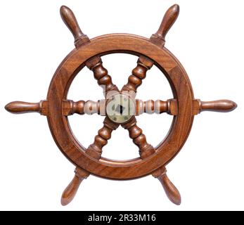 Wooden steering wheel rudder of a small boat isolated on white background. Old ship rudder Stock Photo