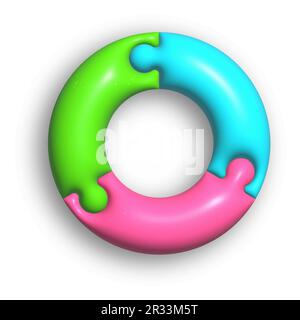 The circle consists of 3 puzzle pieces. 3d illustration for creative ideas and creative design. Volumetric style, rendering Stock Vector