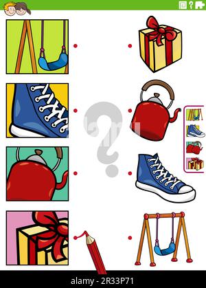 Cartoon illustration of educational matching game with objects and pictures clippings Stock Vector