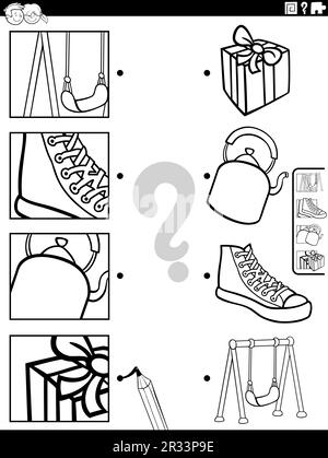 Black and white cartoon illustration of educational matching game with objects and pictures clippings coloring page Stock Vector