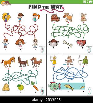 Cartoon illustration of find the way maze puzzle games set with comic characters Stock Vector