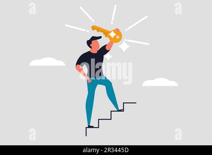 The man has the key to a successful business. Businessman goes up the career ladder. Reach the goal and reach the end of the path concept. A man raise Stock Vector