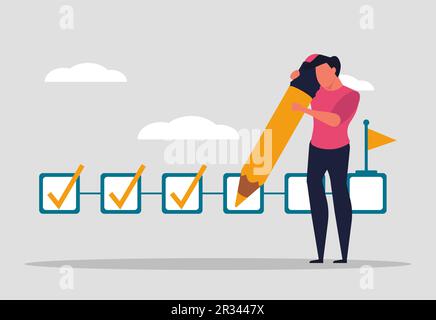 Track project goals, track company goals. Development and progress of the project, a man holds a pencil and marks the completed tasks. Vector illustra Stock Vector