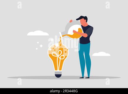 An experiment to explore a new business idea. A man holds a laboratory flask and pours liquid into a light bulb. Business innovation in a technology c Stock Vector