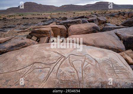 petroglyph, Aït Ouazik rock deposit, late Neolithic, Morocco, Africa. Stock Photo