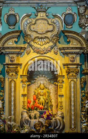 Mare de Déu de Bonany, a wood carving that tradition attributes to medieval times, sitting on a chair with the Child Jesus on the knees,Ermita de Bonany,XVII century, Petra, Mallorca, balearic islands, spain, europe. Stock Photo