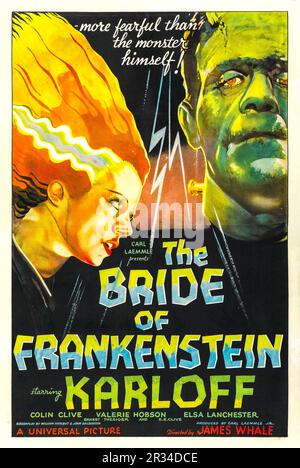 BRIDE OF FRANKENSTEIN Vintage 1935 Movie Film Poster Bride of Frankenstein is a 1935 American science fiction horror film, and the first sequel to Universal Pictures' 1931 film Frankenstein. As with the first film, Bride of Frankenstein was directed by James Whale starring Boris Karloff as the Monster and Colin Clive as Dr. Frankenstein.   Starring Boris Karloff Colin Clive Valerie Hobson Elsa Lanchester Ernest Thesiger E. E. Clive Oliver Peters Heggie Stock Photo
