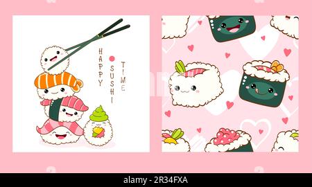 Set of seamless pattern with cute sushi and roll in kawaii style with ...