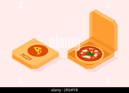 Isometric pizza box design. Traditional italian food. 3d package icon. Food delivery. Vector illustration. Stock Vector