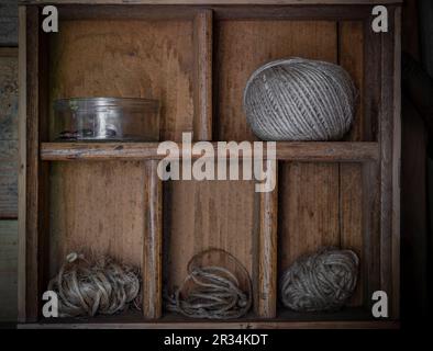 Interior of old retro wooden shed in czech typical mountain cottage Stock Photo