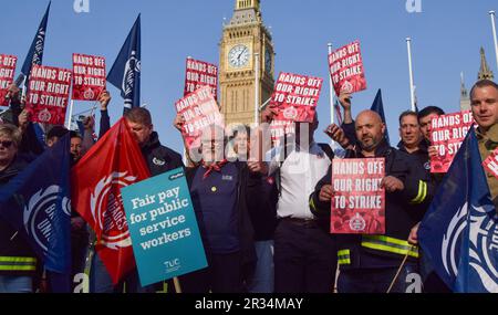 London, UK. 22nd May 2023. Members of the Fire Brigades Union take part in the rally. Various trade unions gathered in Parliament Square in protest against anti-strike laws. Credit: Vuk Valcic/Alamy Live News Stock Photo