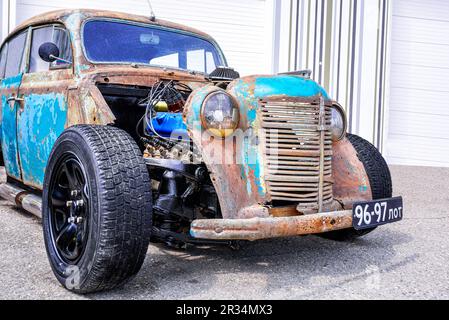 Samara, Russia - May 14, 2023: Customized classic hot rod vehicle with tuned engine. Made on base of rusty soviet Moskvich 400 vehicle Stock Photo