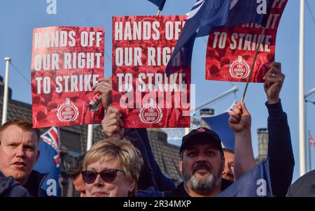 London, UK. 22nd May 2023. Members of the Fire Brigades Union take part in the rally. Various trade unions gathered in Parliament Square in protest against anti-strike laws. Credit: Vuk Valcic/Alamy Live News Stock Photo