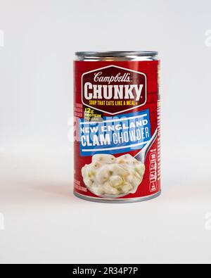 Can of Campbell's New England Clam Chowder isolated on white. USA. Stock Photo