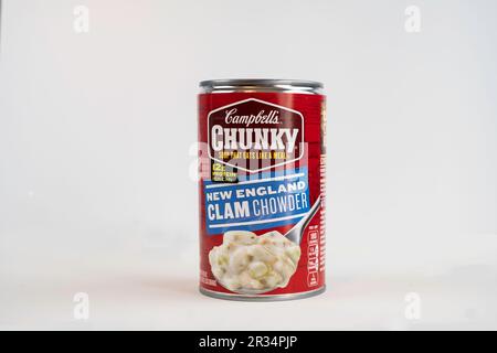 Can of Campbell's New England Clam Chowder isolated on white. USA. Stock Photo