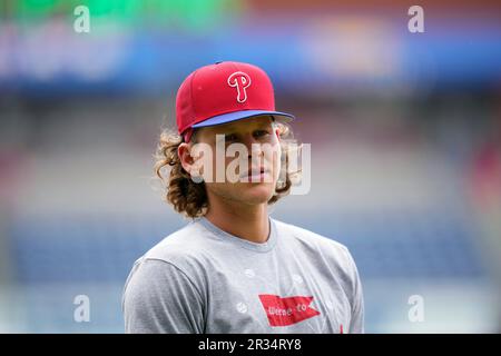 Alec Bohm of the Philadelphia Phillies warms up prior to a game