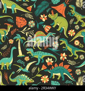 Seamless pattern with bright dinosaurs and green plants including T-rex, Brontosaurus, Triceratops, Velociraptor, Pteranodon, Allosaurus, etc Stock Vector