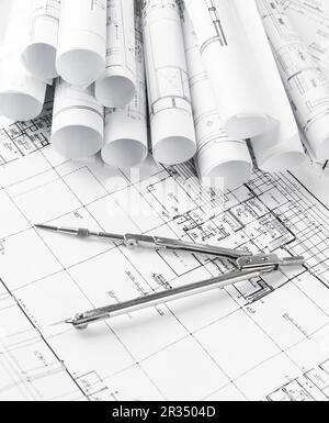 Rolls of architecture blueprints and house plans Stock Photo - Alamy