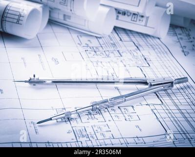 Rolls of architecture blueprints and house plans Stock Photo - Alamy