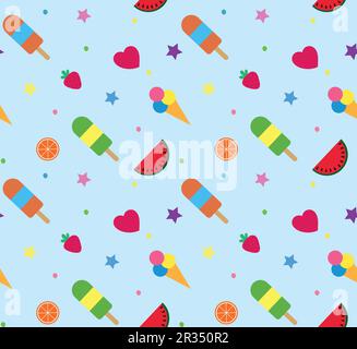 Colorful summer seamless pattern with tropical fruits and ice cream on blue background. Stock Vector