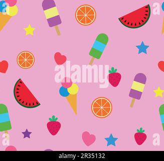 Colorful summer seamless pattern with tropical fruits and ice cream on pink background. Stock Vector