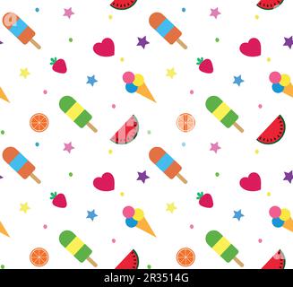 Colorful summer seamless pattern with tropical fruits and ice cream on white background. Stock Vector