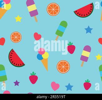 Colorful summer seamless pattern with tropical fruits and ice cream on blue background. Stock Vector