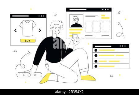 Man using different mobile apps Stock Vector