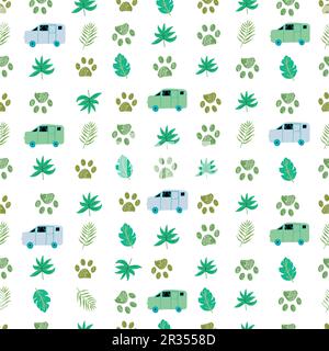 Summer time holiday with doodle paw prints. Seamless fabric design pattern Stock Vector