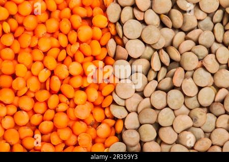 Green and red lentils heap Stock Photo