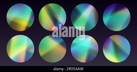 Crystal refraction stickers, leak flare, rainbow sunlight effect, holographic reflections in circle shape. Stock Vector