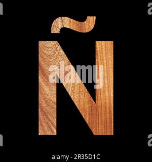 Capital letter N on oak wood background - Black background Stock Photo