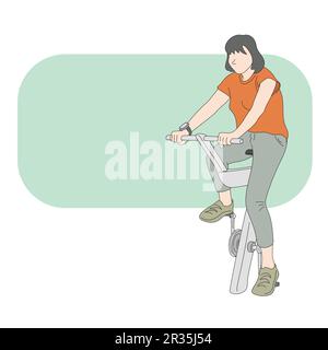 woman riding a bike in gym illustration vector hand drawn isolated on white background line art. Stock Vector