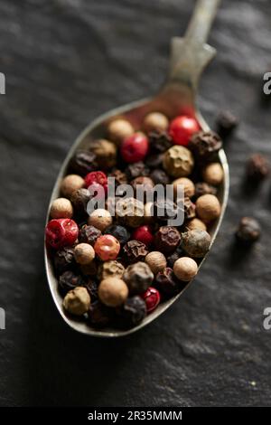 Mixed peppercorns on a spoon Stock Photo