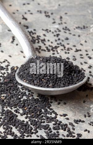 Black caraway seeds on a spoon Stock Photo