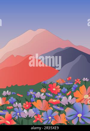 Landscape illustration. A field with colorful flowers, green grass and mountains. Stock Vector