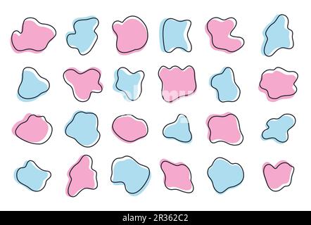 Pack of abstract colorful drops isolated on white backdrop.  Pink and light blue random stains and blobs. Vector design elements Stock Vector