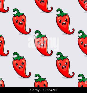 Vector Seamless Pattern with Cartoon Cute and Funny Scares Red Hot Chili Peppers. Kawaii Style. Fresh Chili Hot Pepper with Shocked Face, Upset Stock Vector