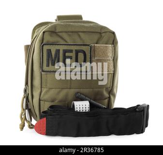 Military first aid kit with items isolated on white Stock Photo - Alamy