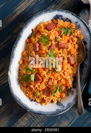 Locrio De Salami (rice with sausage, Dominican Republic) Stock Photo